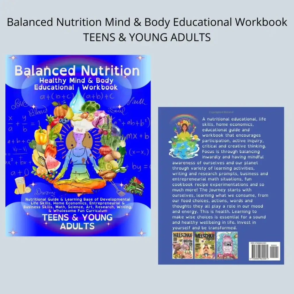 Balanced nutrition book on a wooden table with fresh fruits, vegetables, and a glass of water