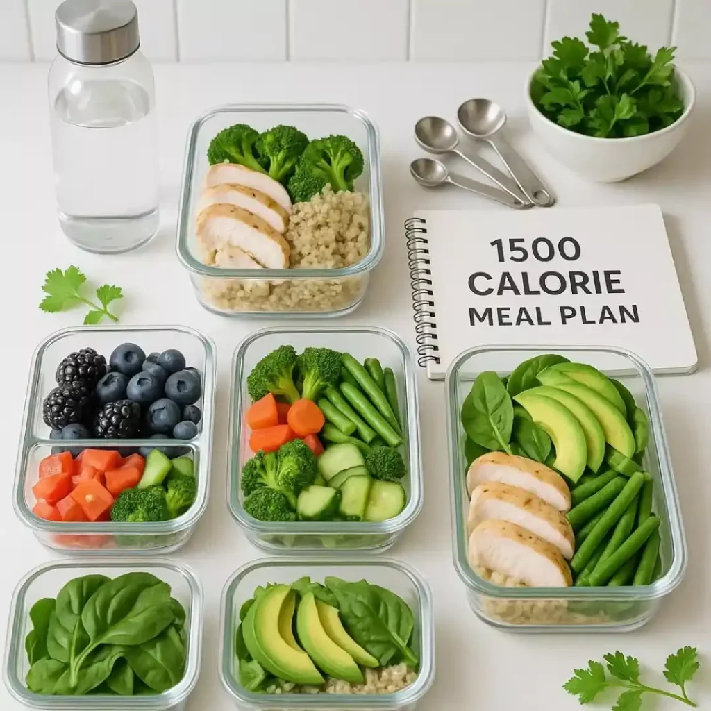 A top-down flat lay of a 1500 calorie meal plan for a healthy lifestyle. Includes glass containers with grilled chicken, quinoa, roasted vegetables, berries, leafy greens, a water bottle, a fitness notebook, and fresh herbs on a clean white kitchen background.