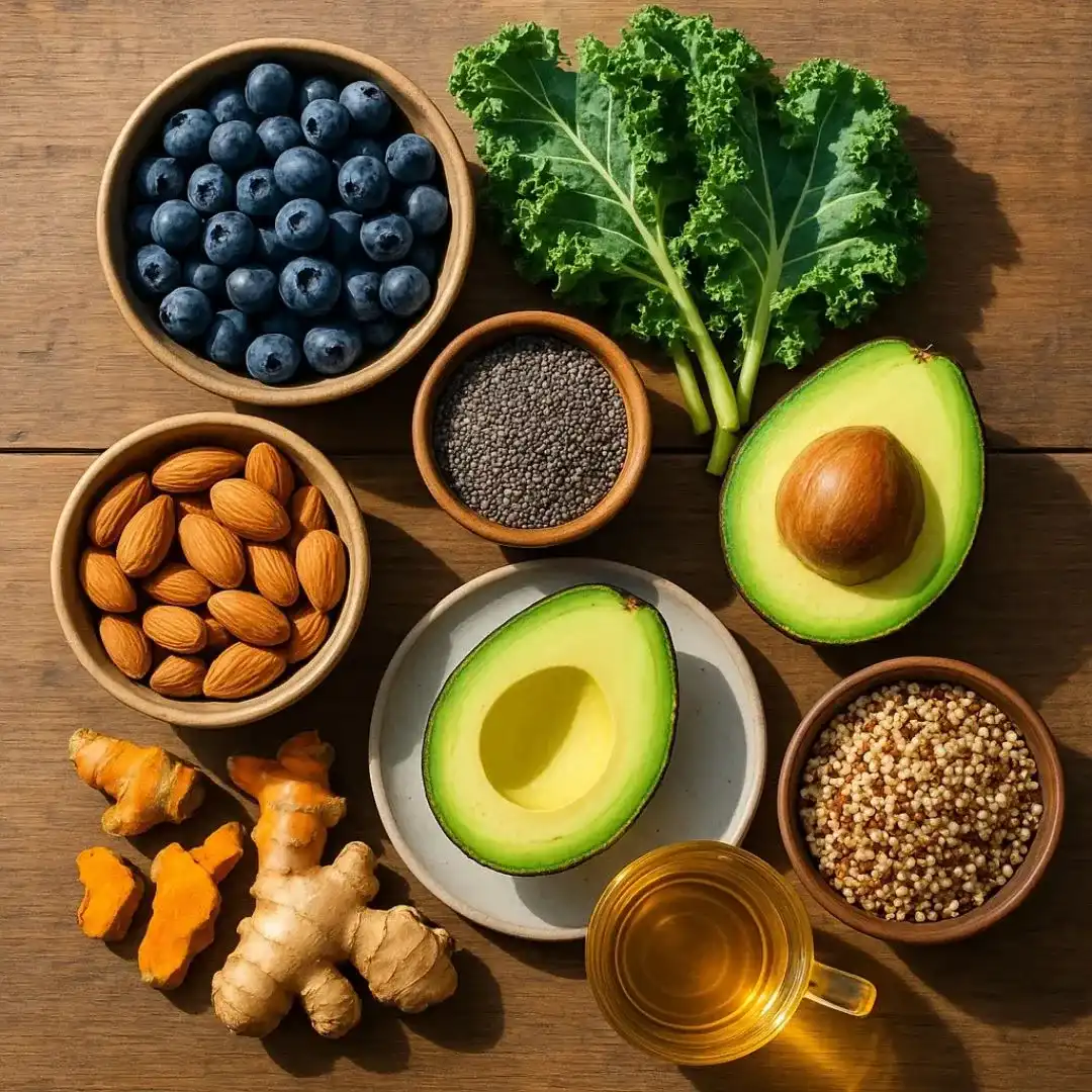 Flat lay of superfoods including blueberries, kale, chia seeds, avocado, quinoa, almonds, turmeric, ginger, and green tea on a wooden table