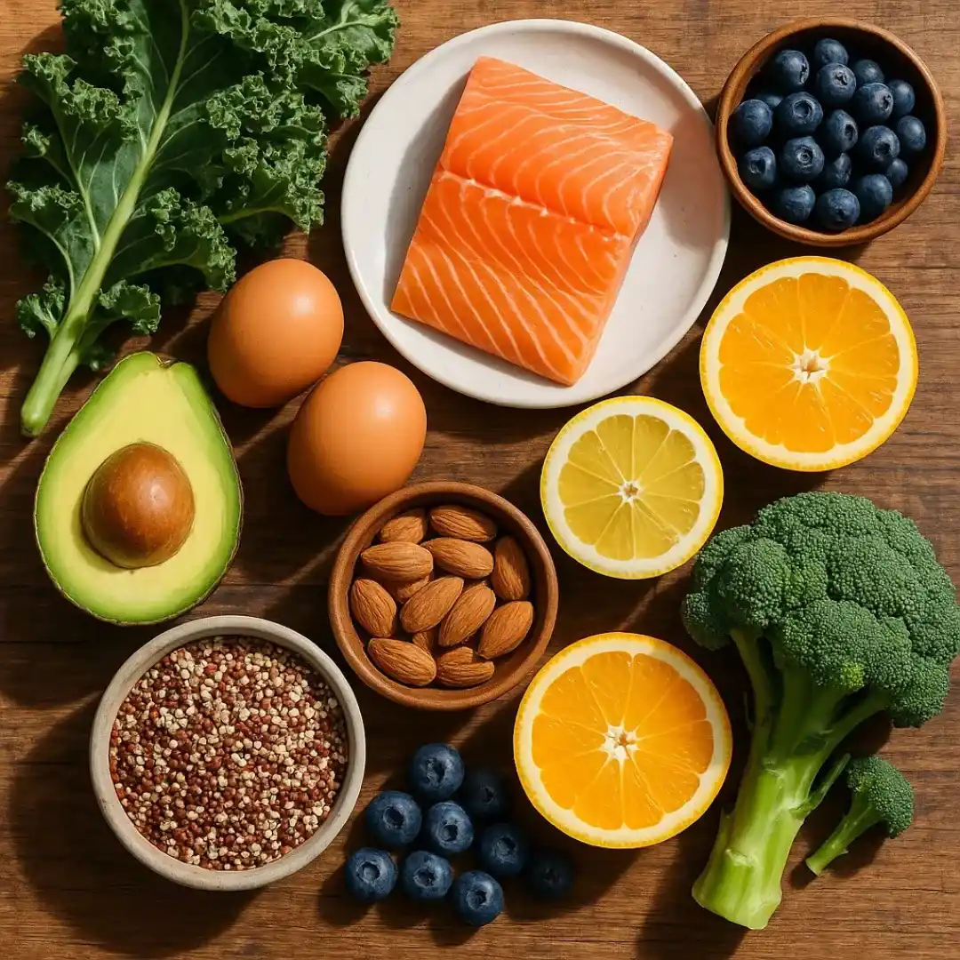 Top view of nutrient dense foods including kale, salmon, blueberries, avocado, and eggs arranged on a wooden table.