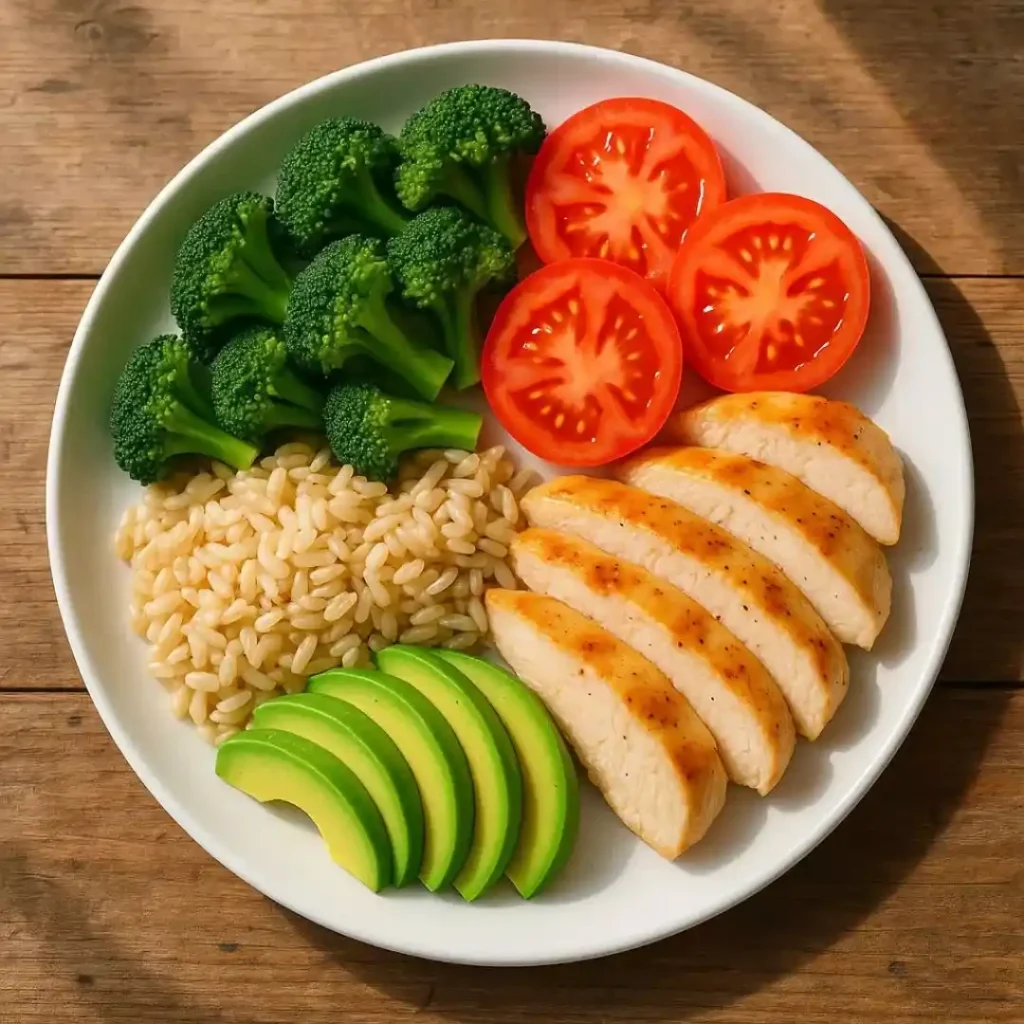 Balanced mindful eating plate with vegetables, protein, whole grains, and healthy fats.