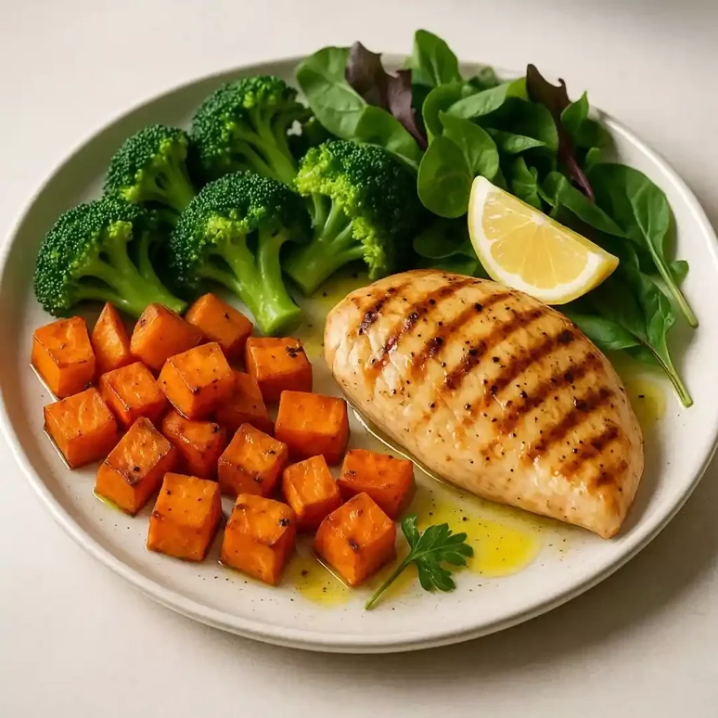 Macro photograph of a calorie-controlled meal with grilled chicken, sweet potatoes, broccoli, and salad greens.