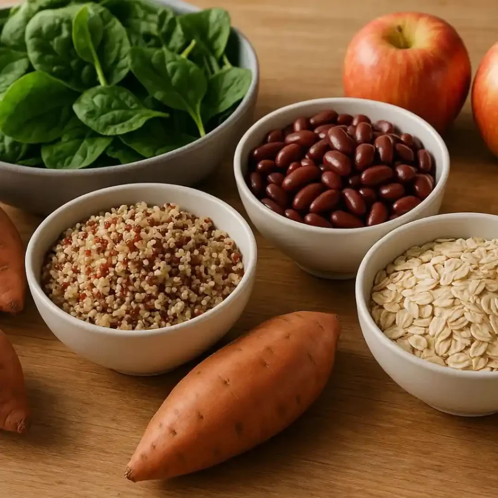 Wooden kitchen table with bowls of quinoa, oats, sweet potatoes, beans, apples, and leafy greens that are full of healthy carbs