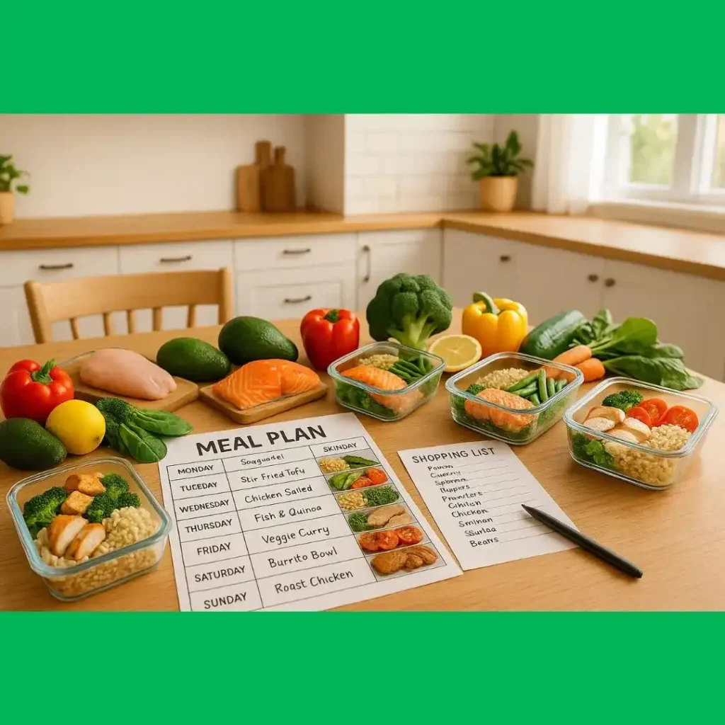 how to plan a meal  guide with a notebook, fresh vegetables, fruits, and healthy dishes on a kitchen table