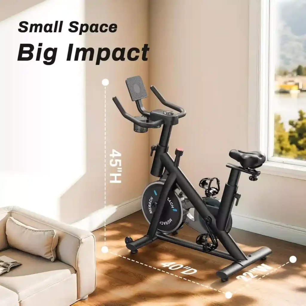 MERACH Exercise Bike compactly placed in a small home office, demonstrating its space-efficient design for apartment living.