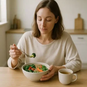 Woman practicing mindful eating at home with a balanced whole-food meal and herbal tea.