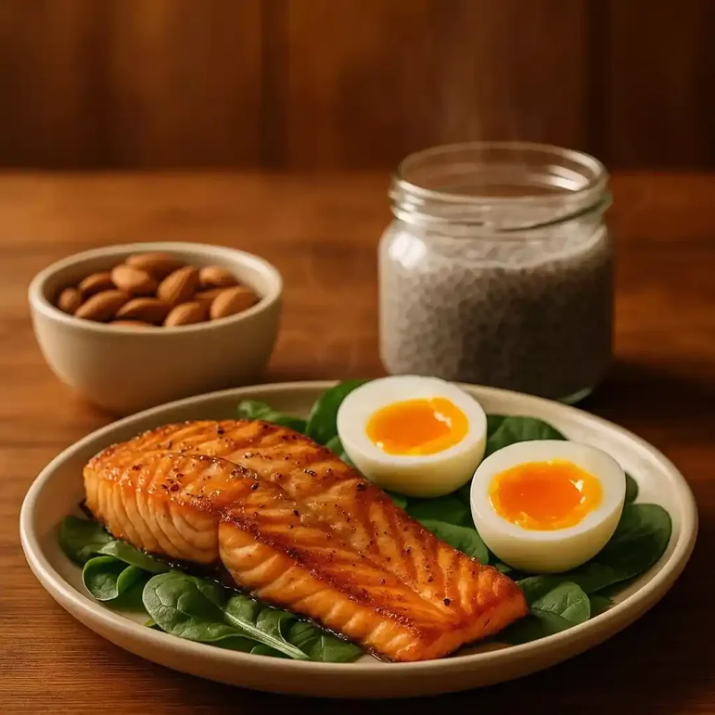 A plate of grilled salmon, boiled eggs, chia seeds, and almonds representing nutrient dense foods for sustained energy.