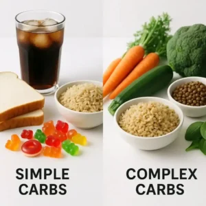 Split table image showing simple carbs like soda, white bread, and candy on the left, and complex carbs like brown rice, lentils, and vegetables on the right