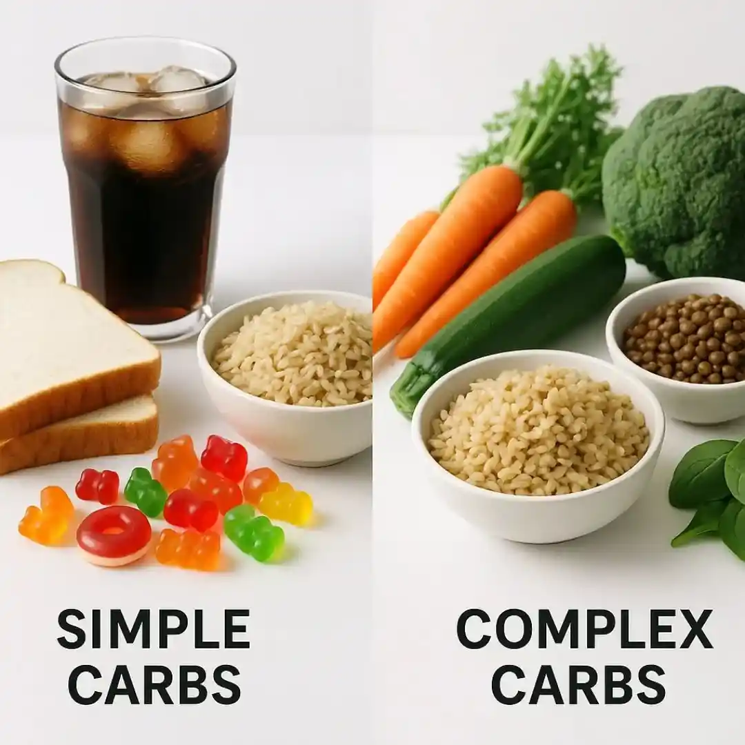 Split table image showing simple carbs like soda, white bread, and candy on the left, and complex carbs like brown rice, lentils, and vegetables on the right