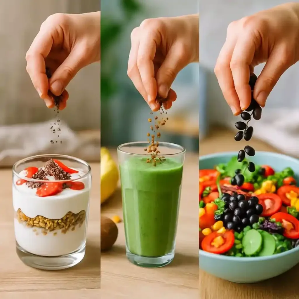 this image is showing a hand adding fiber into food