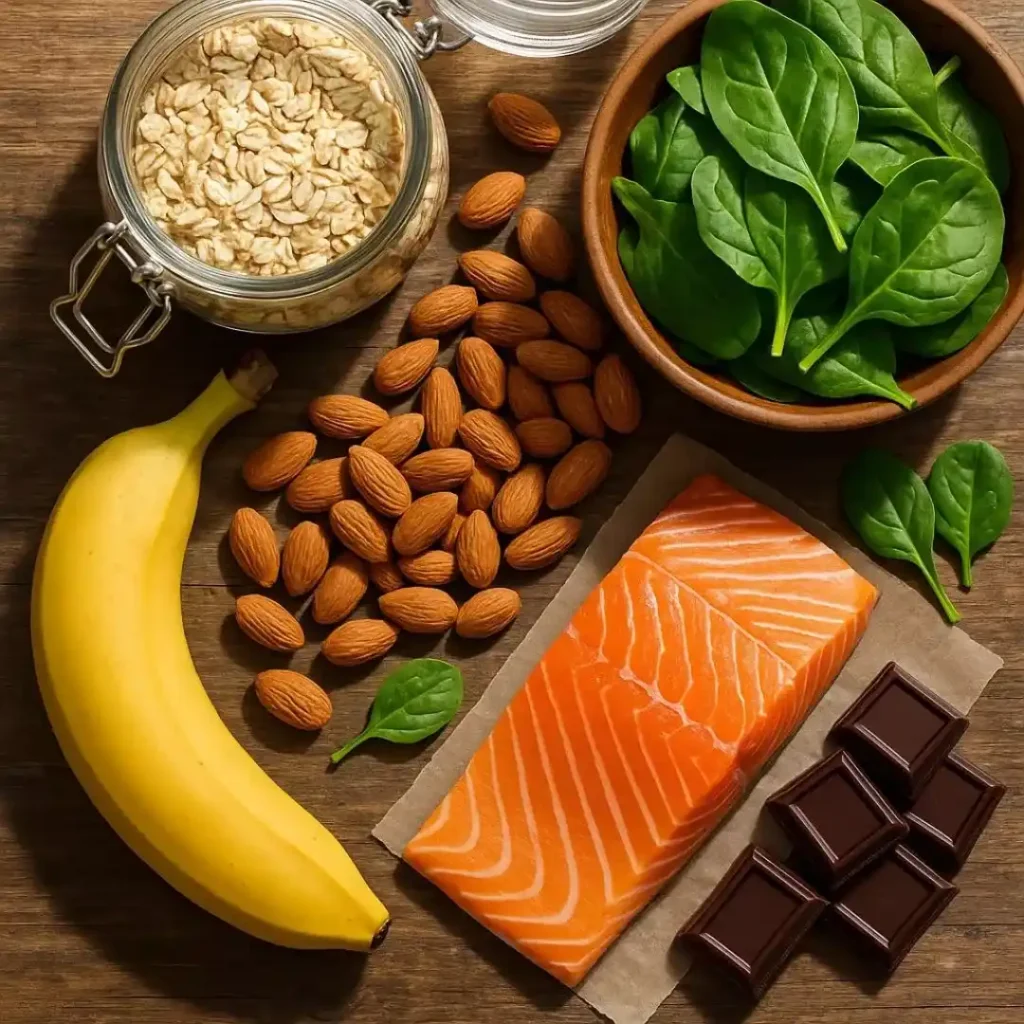 a variety of fresh, vibrant energy foods arranged artistically on a rustic wooden table.