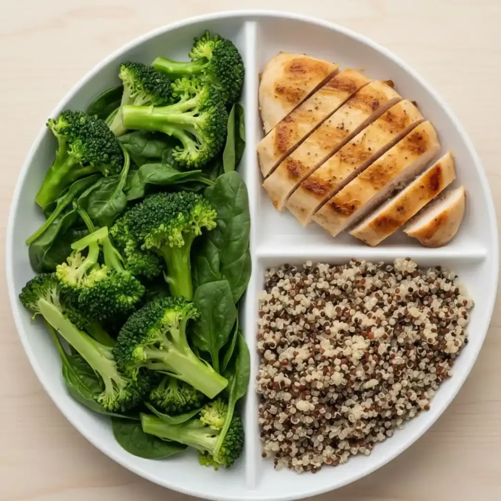 white plate divided into perfect portions: one half filled with steamed broccoli and spinach, one quarter with grilled chicken breast, and one quarter with quinoa.