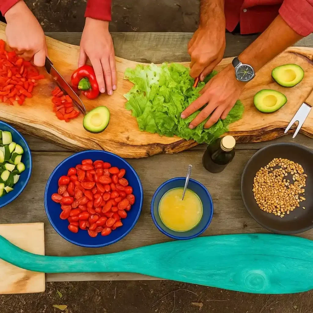 Person preparing a plant-based meal with fresh vegetables, grains, and legumes on a wooden counter