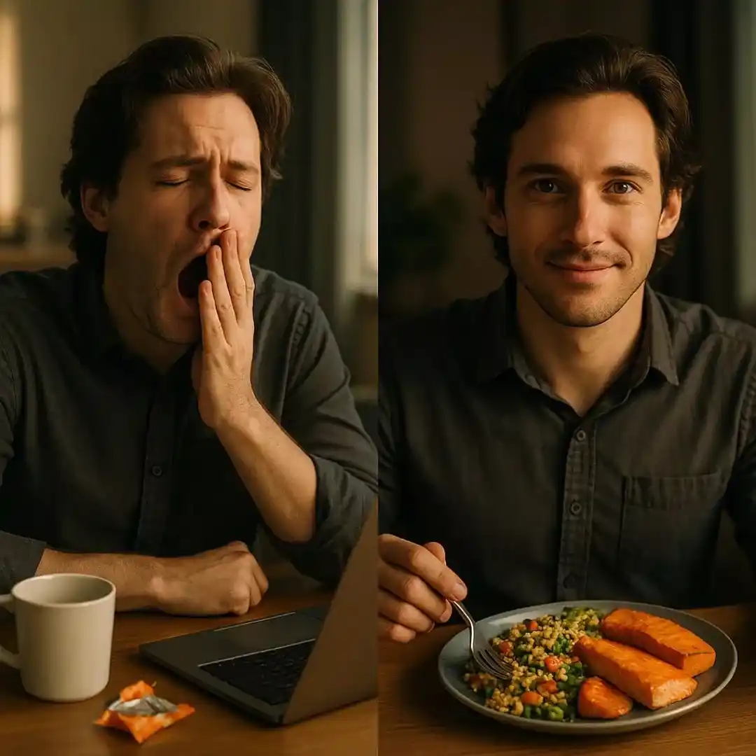 person looking alert and energized, with a vibrant plate of the energy foods (quinoa salad, salmon, sweet potato)