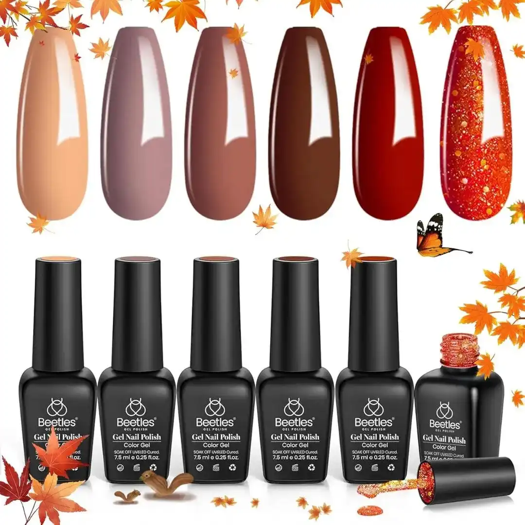 Beetles Fall gel nail polish set with autumn-inspired colors like brown, orange, red, and nude displayed on a cozy background