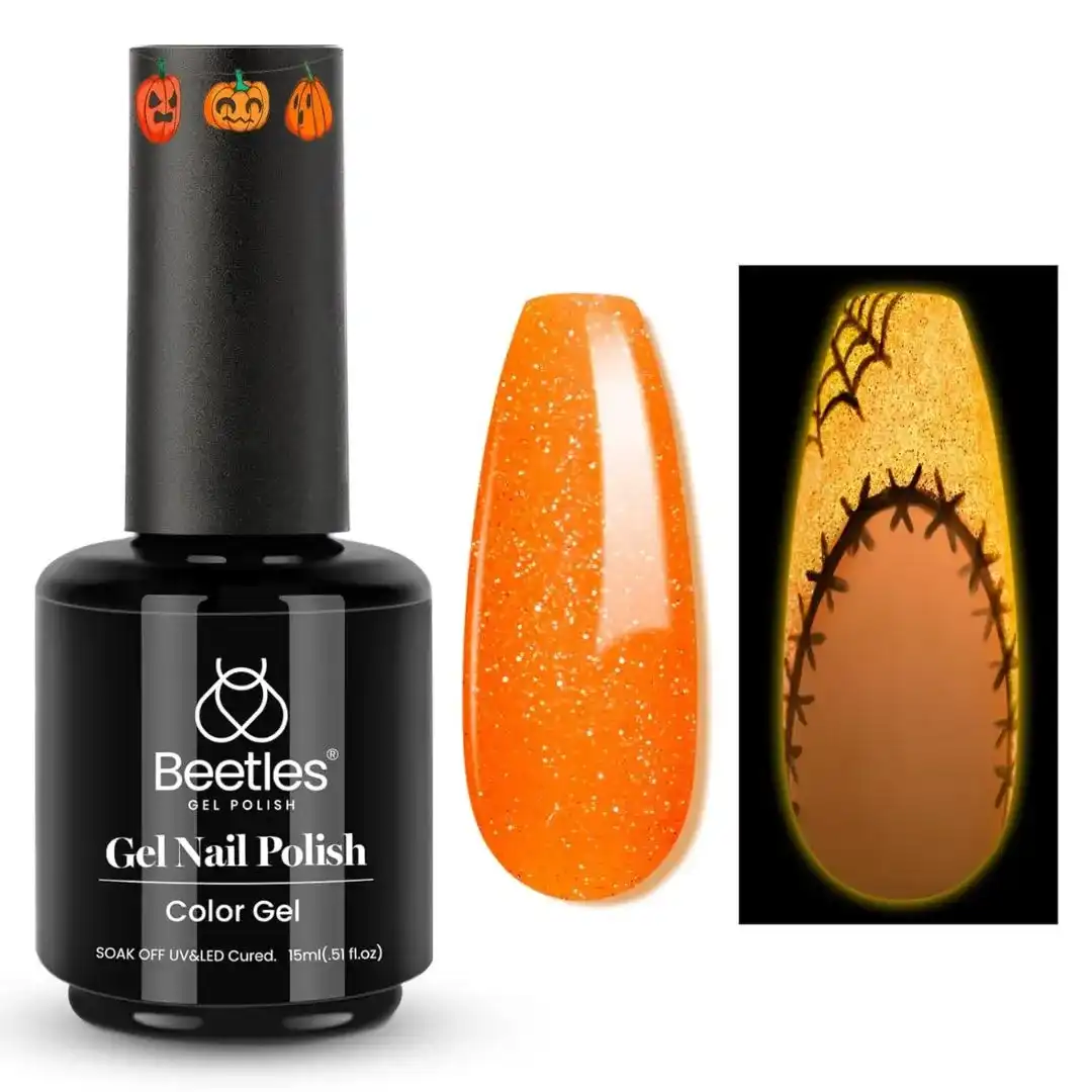 Beetles Halloween gel nail polish set with spooky black, orange, purple, and glitter shades for festive nail art