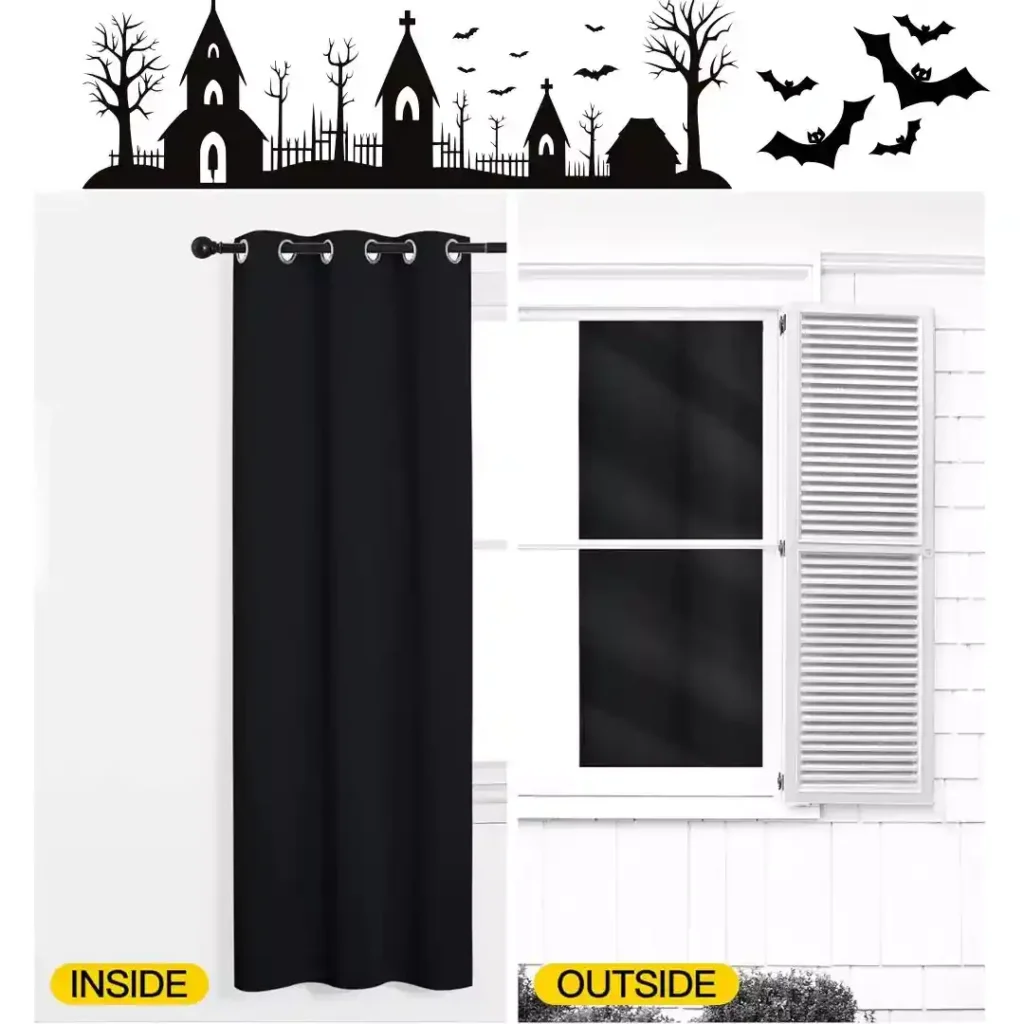 Blackout curtains in a cozy bedroom decorated for Halloween with pumpkins, spooky lights, and festive atmosphere