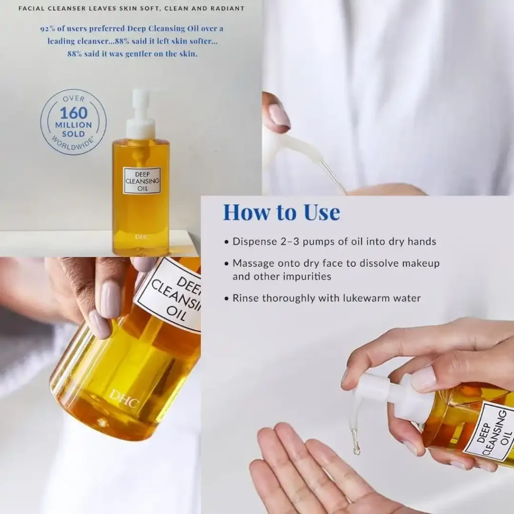 Bottle of DHC Deep Cleansing Oil placed on a vanity table with skincare essentials