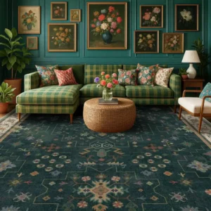 Dark Green Vintage 8x10 Washable Area Rugs for Living Room