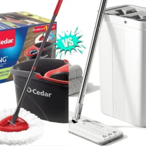 Side-by-side image of O-Cedar EasyWring mop and bucket compared with JOYMOOP mop and bucket system