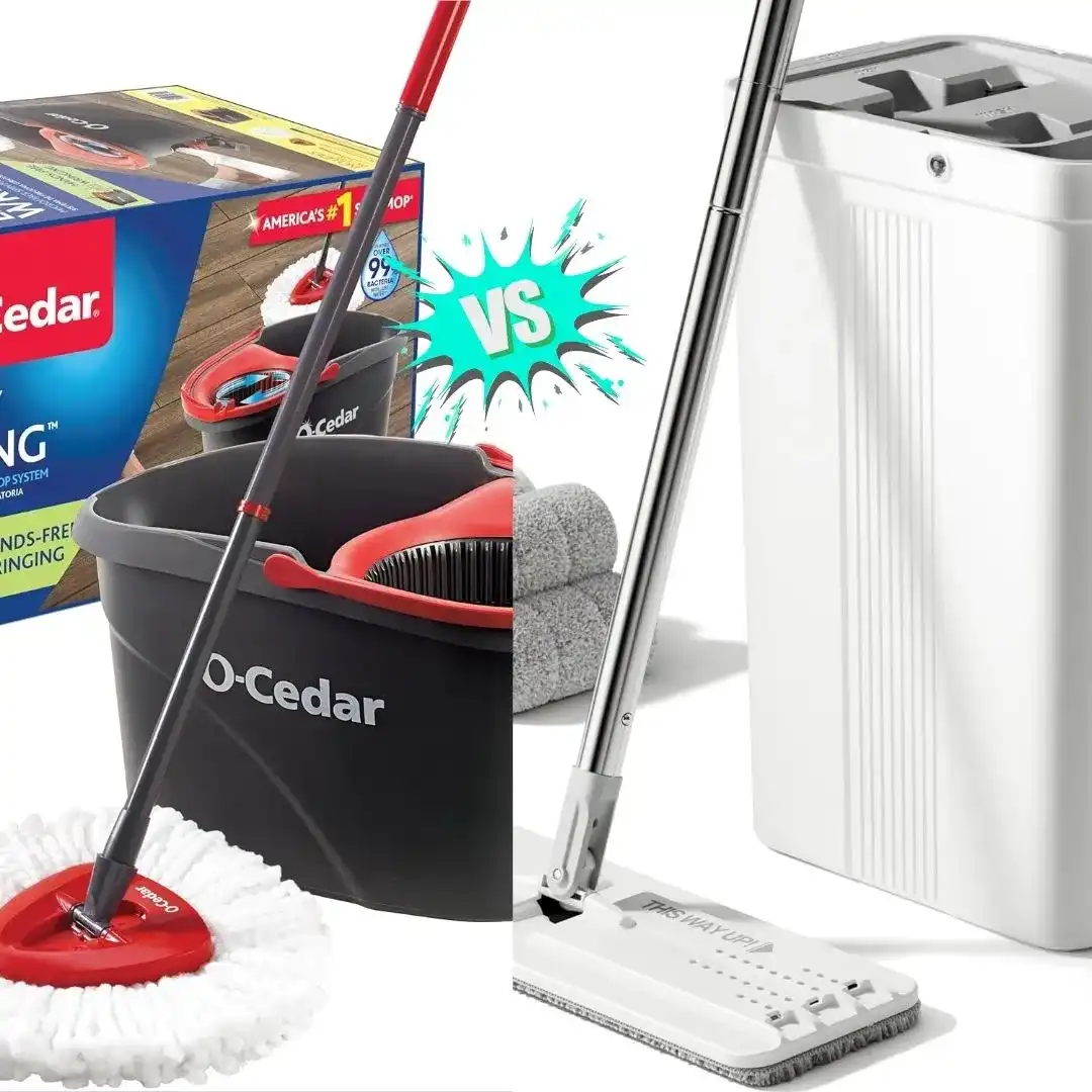 Side-by-side image of O-Cedar EasyWring mop and bucket compared with JOYMOOP mop and bucket system