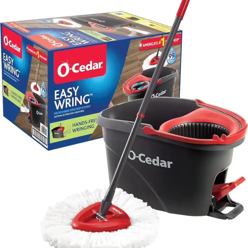 O-Cedar EasyWring Microfiber Spin Mop with red bucket system designed for effortless floor cleaning