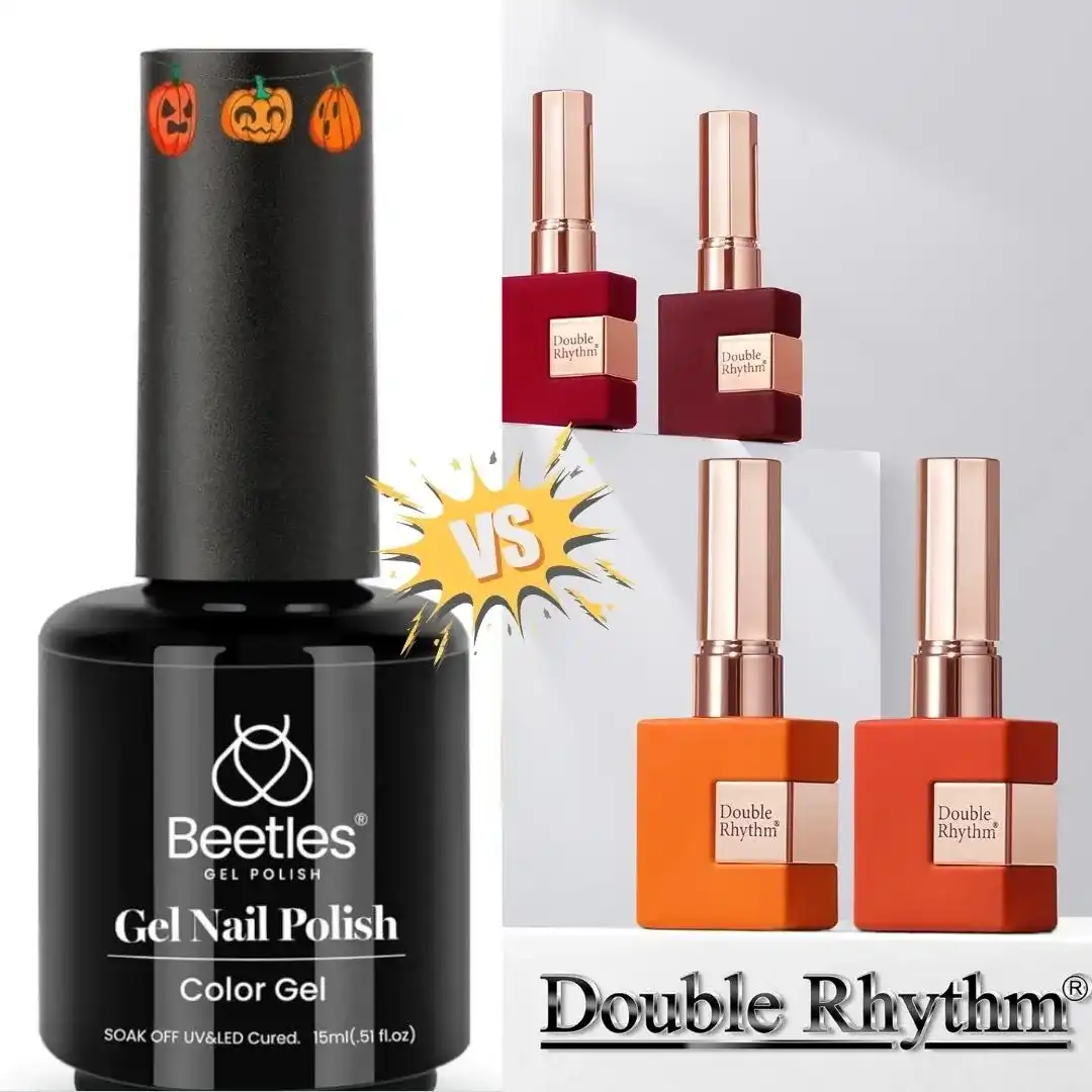 Collection of Halloween-themed gel nail polish in black, orange, purple, and glitter shades displayed on a festive background