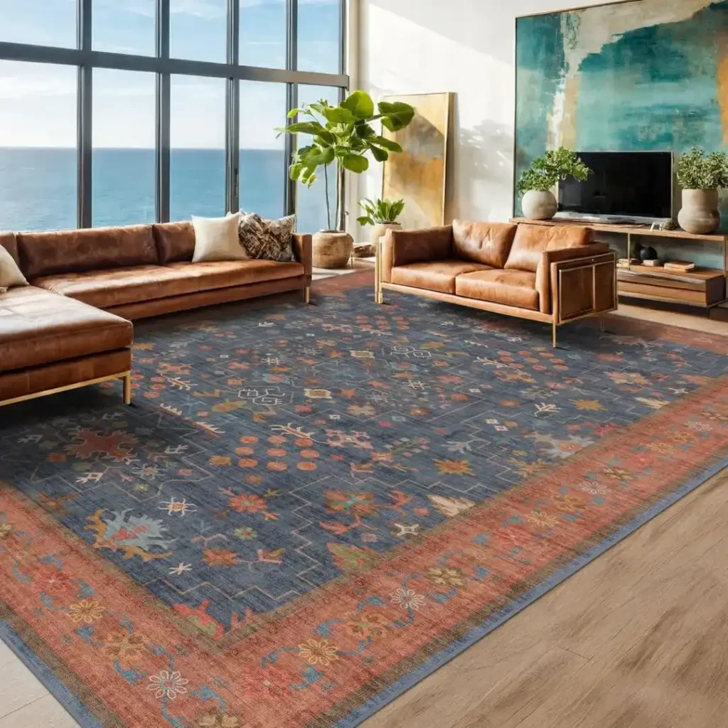 Washable Navy Blue Living Room Rug