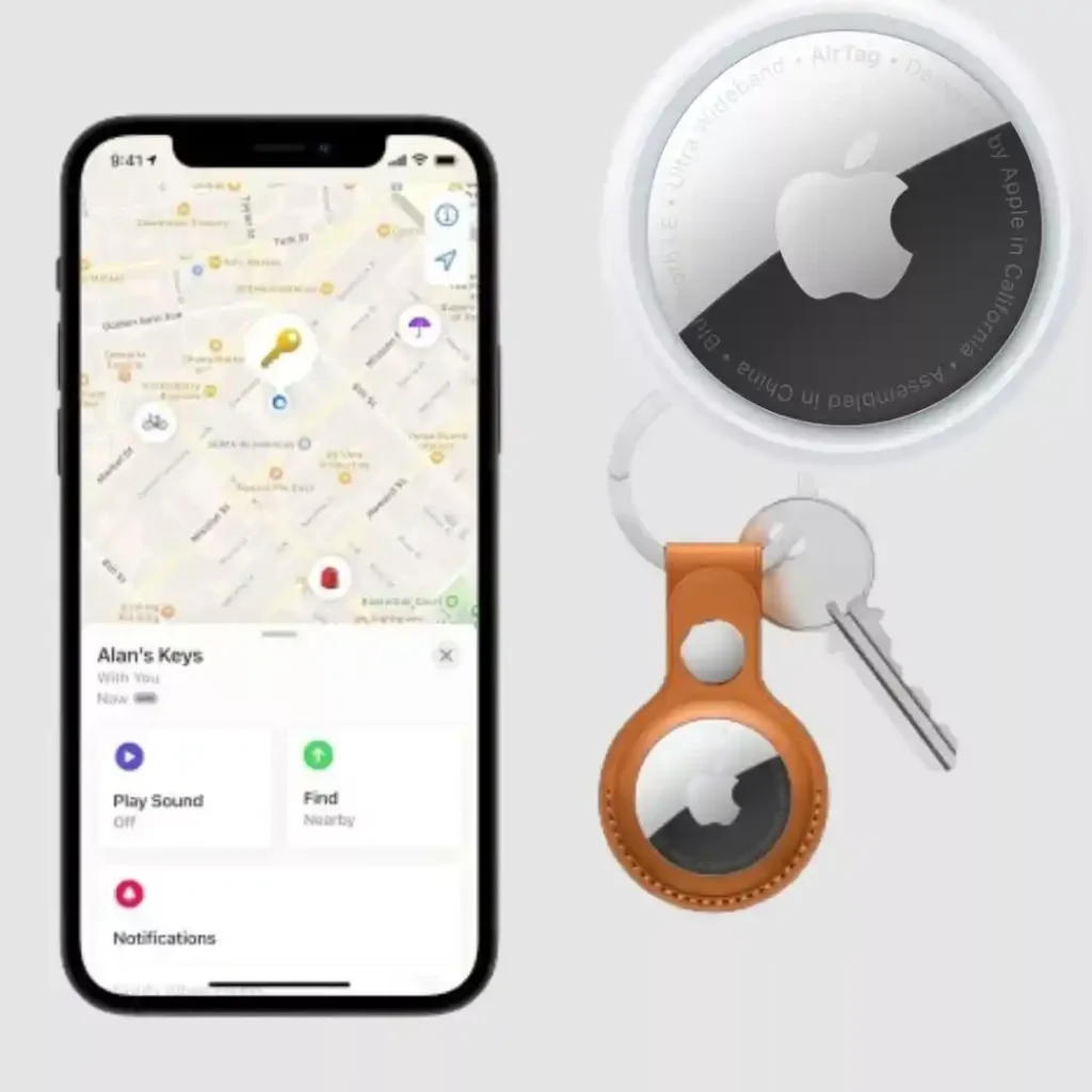 Close-up of an iPhone screen displaying a map with the location of a nearby Apple AirTag.