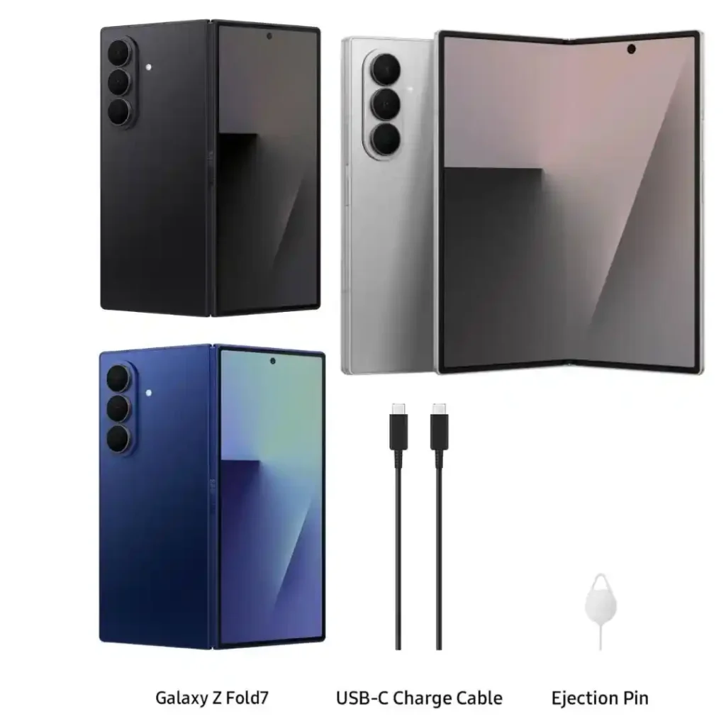 Samsung Galaxy Z Fold7 smartphones displayed in three colors: Jet Black, Silver Shadow, and Blue Shadow